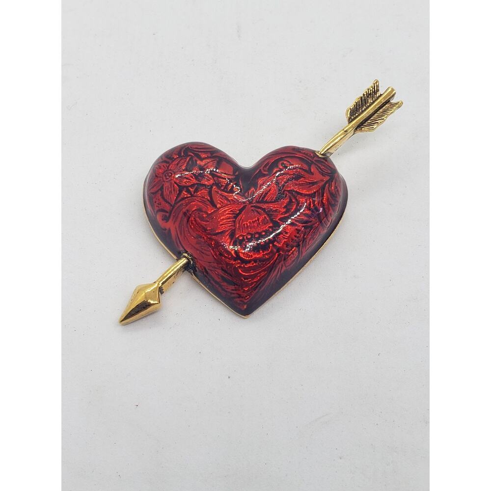 Vintage Avon Enamel Red Puffy Heart Arrow Brooch Pin Gold Tone
